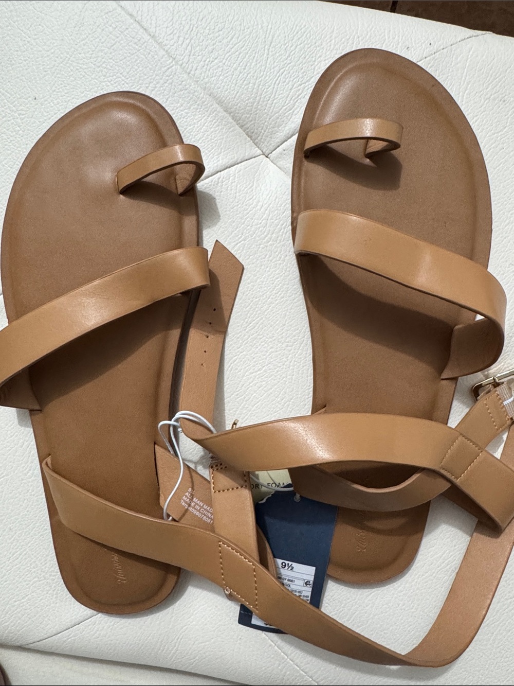 Women's Tan Strappy Toe-Loop Flat Sandals